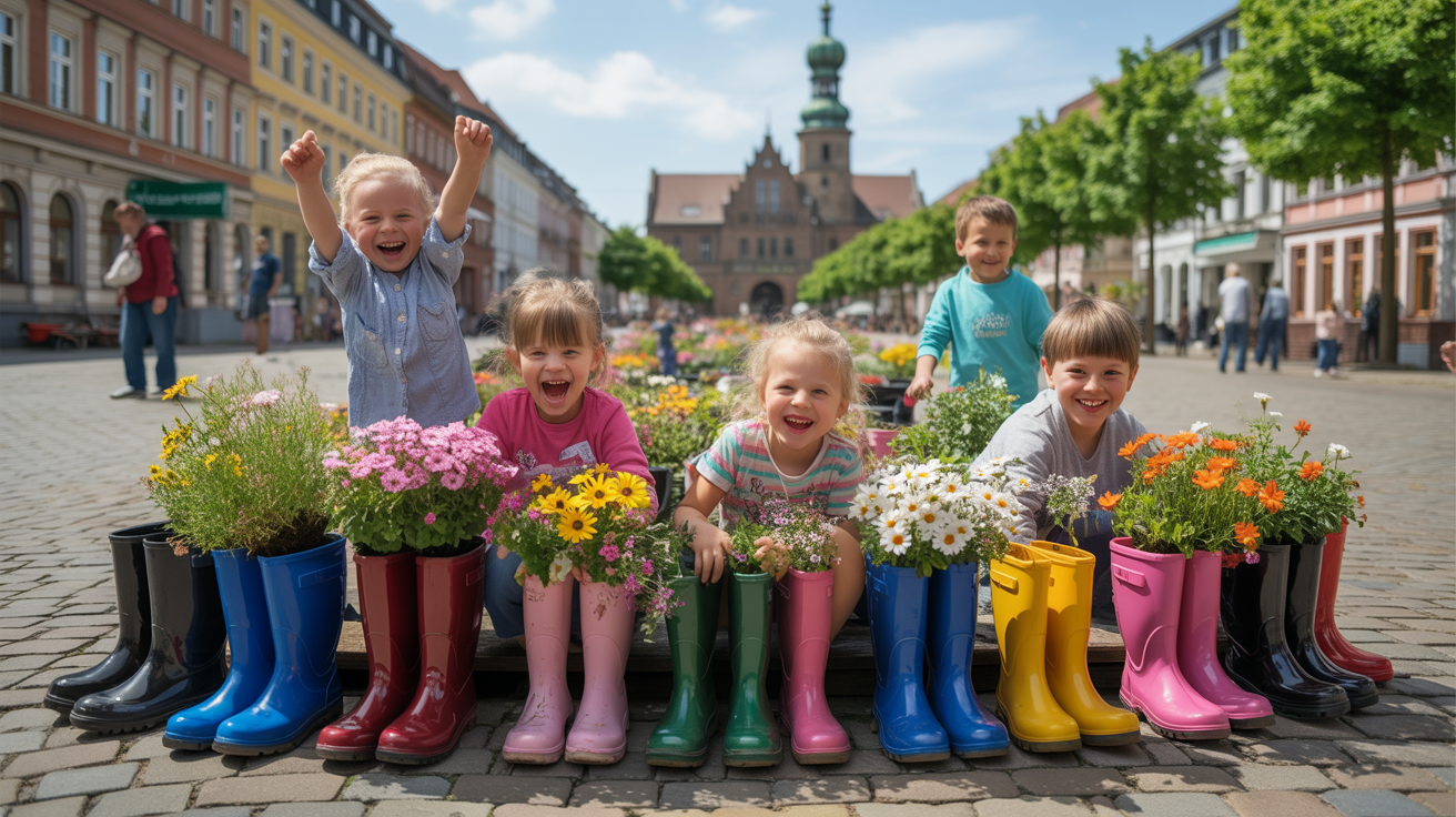 Beitragsbild zum Thema Weltrekord in Gronau: 517 bepflanzte Gummistiefel für Nachhaltigkeit