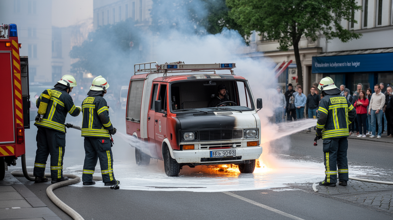 Beitragsbild zum Thema Vollbrand eines Kleintransporters in Essen: Fahrer verschwunden