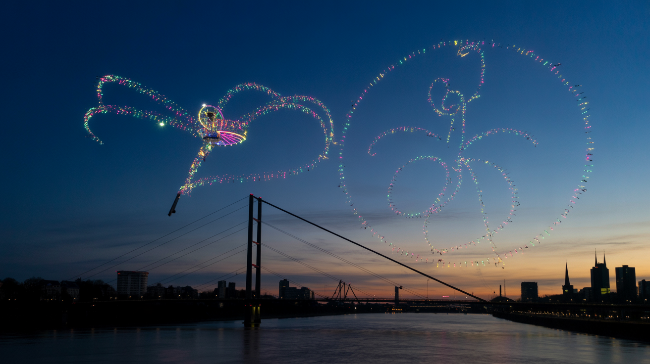 Beitragsbild zum Thema Rheinkirmes in Düsseldorf: Drohnenshow über dem Nachthimmel