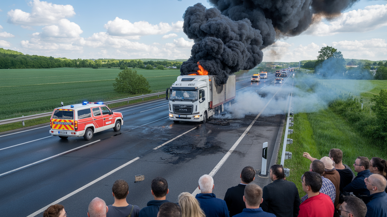 Beitragsbild zum Thema A3 gesperrt: Schwerer LKW-Brand verursacht langen Rückstau