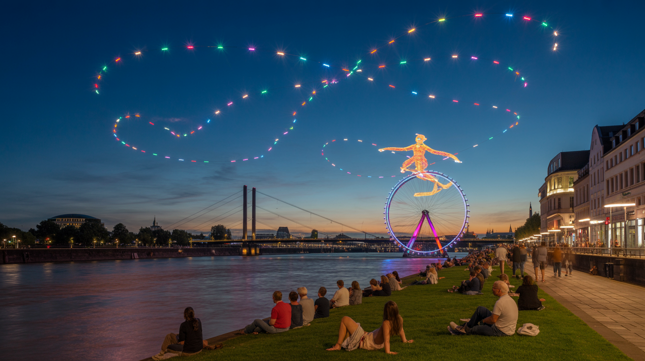 Beitragsbild zum Thema Drohnen-Show auf der Rheinkirmes 2025: Die besten Aussichtspunkte