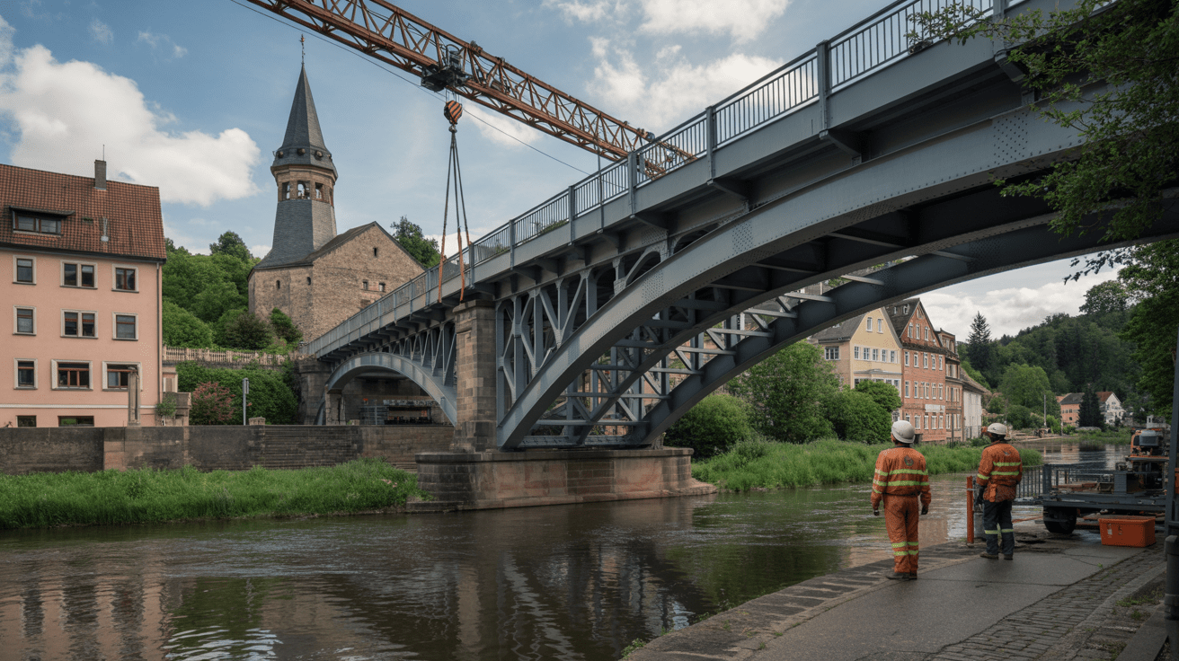 Beitragsbild zum Thema Herausforderung Brückenmontage in Leichlingen nach Flutschäden